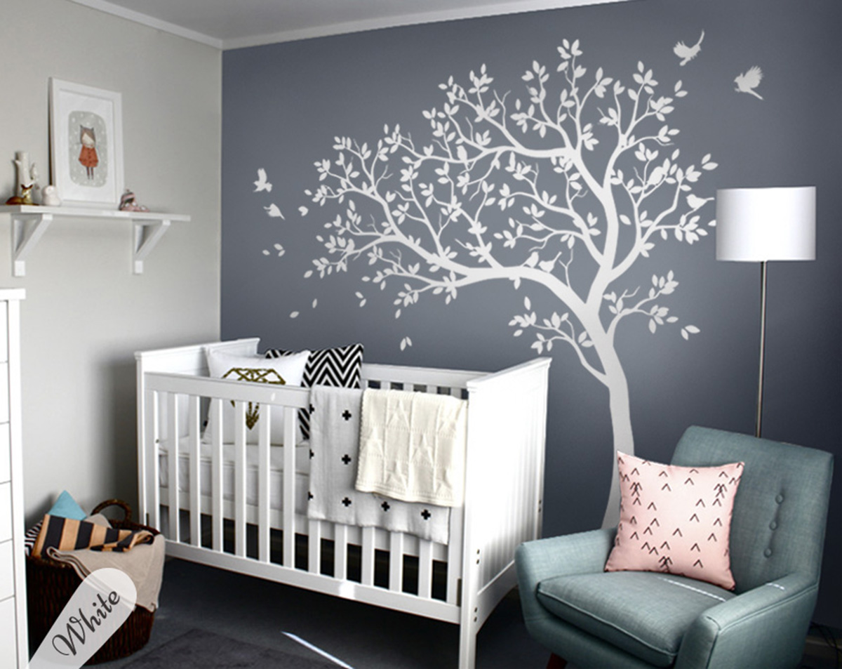 Trees with leaves and birds Tree Wall Decal Sticker Realistic Corner tree design 